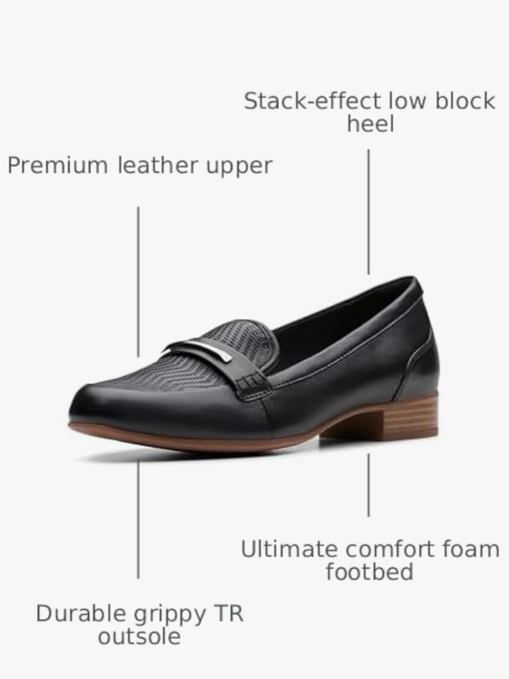 Clarks Juliet Aster Black Leather Loafers Sleek Comfort Low Block Heel Sz 8.5 - Picture 2 of 16